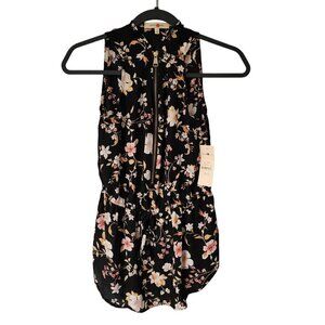 Wishful Park Womens Blouse Small Floral Zip-Front Sleeveless Black Floral